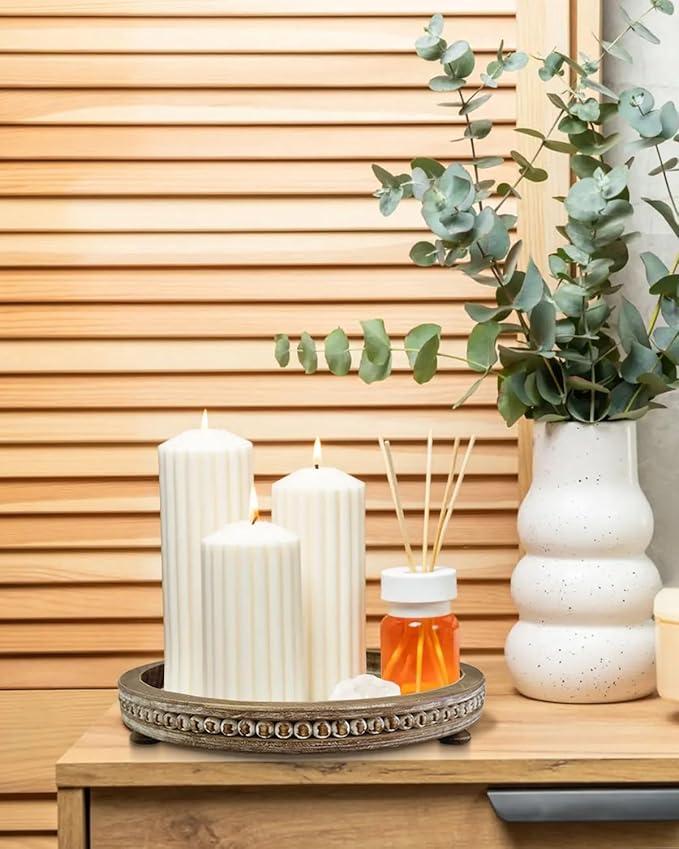 12 Inches Rustic Wooden Decorative Tray, Small Round Beaded Wood Tray for Kitchen Dinning Table Centerpiece Decor Entryway Living Room Home Decor, Brown-CasaMuseHome