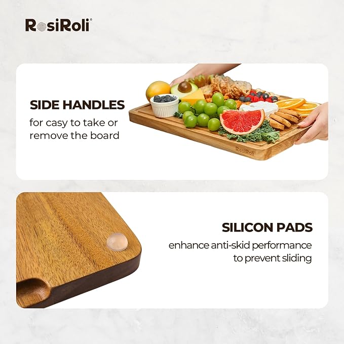 Acacia Wood Cutting Board for Kitchen - 0.8 inch Thick Wood Charcuterie Cheese Board with Side Handles and Juice Grooves, Wooden Chopping Block for Meat and Veggies, 13x10 inch-CasaMuseHome