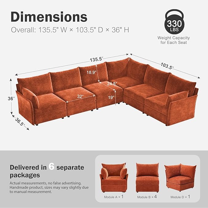 135.5" Oversized Modular Sectional Sofa, L Shaped Convertible Couch with Movable Ottoman, Large 6 Seat Corner Couches for Living Room Deep Seat Terracotta Orange Chenille-CasaMuseHome