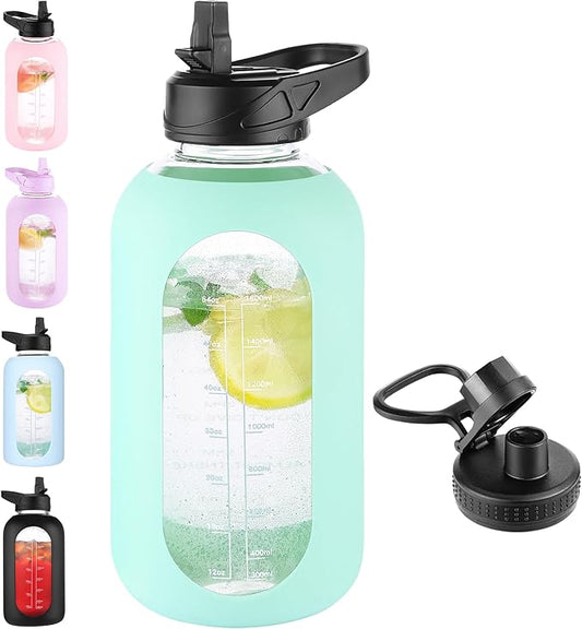 64 oz Glass Water Bottle With Straw and Handle, Half Gallon Sports Motivational Water Jug Flask with Silicone Sleeve, Large Water Cup with Time Marker for Travel, Gym, Seafoam-CasaMuseHome