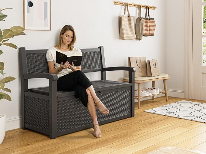 70 Gallon Outdoor Storage Box, Resin Patio Furniture with Armrest, Lockable Deck Box with Waterproof and UV Resistant for Patio Cushions, Garden Tools and Pool Supplies, Black-CasaMuseHome