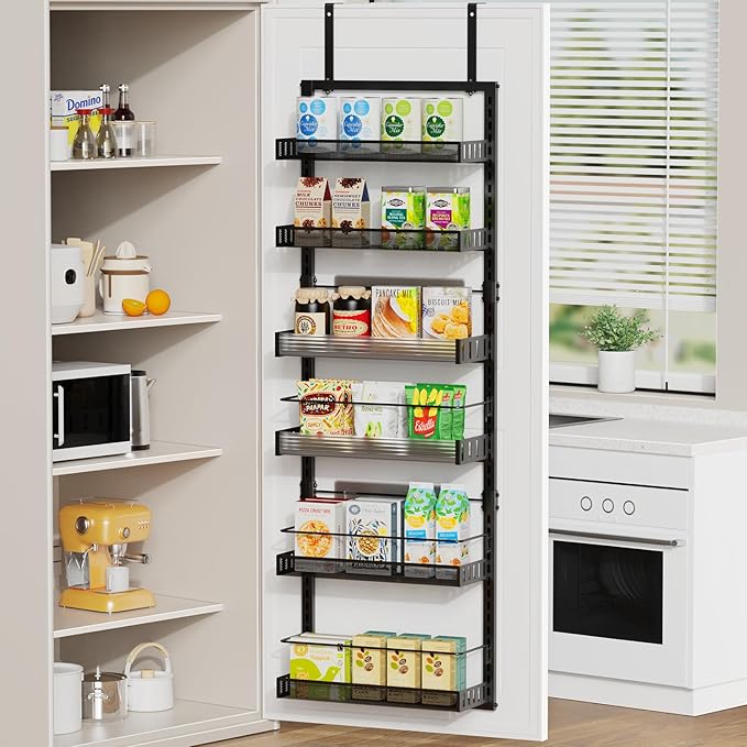 6-Tier Over the Door Pantry Organizer, 2 in 1 Large Door Spice Rack with Adjustable Metal Baskets, Heavy Duty Hanging or Wall Mounted Storage Organizer for Kitchen Pantry and Room Wall-CasaMuseHome