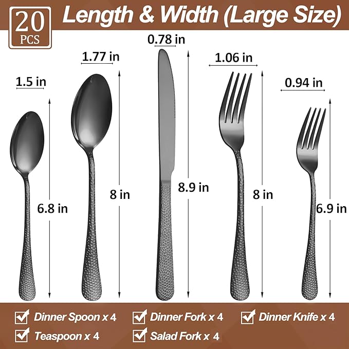 20 Pcs Black Silverware Set for 4 with Hammered Design, Food Grade Stainless Steel Flatware Set, Eating Utensils Sets Include Fork/Knife/Spoon, Cutlery Set, Dishwasher Safe-CasaMuseHome