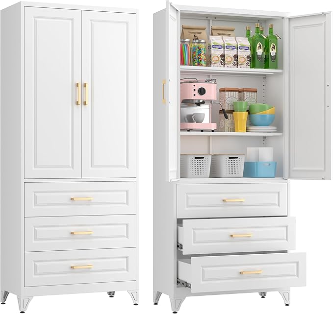 75" Kitchen Pantry Cabinet, Metal Storage Cabinets with Doors and Adjustable Shelves, White Tall Pantry Cabinet with 3 Drawers for Dinning Living Room-CasaMuseHome