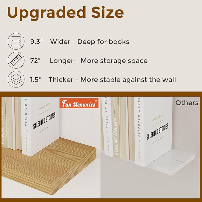 72 Inch Floating Shelves, 72 x 9 Rustic Wooden Fireplace Mantel, 9 Inch Floating Shelf for Wall, Farmhouse Wall Shelves for Home Storage & Display, Oak Color, Set of 1-CasaMuseHome