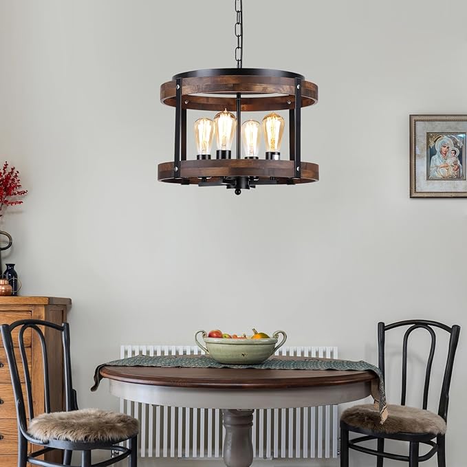 4-Light Large Rustic Farmhouse Wood Pendant Light Fixture with Adjustable Chain, 16.5 inch Oak Wood Drum Chandelier for Dining Room Kitchen Island Farmhouse Living Room Hallway, Black-CasaMuseHome