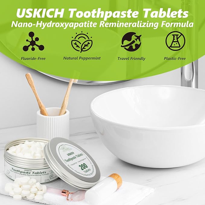200 Pcs Toothpaste Tablets - Nano Hydroxyapatite Natural Whitening, Reduce Sensitivity,Fluoride & Plastic Free, Eco Friendly & Travel Mouthwash Tablets-CasaMuseHome
