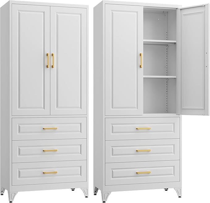 75" Kitchen Pantry Cabinet with 3 Drawer,Metal Storage Cabinets with Doors and 4 Adjustable Shelves,White Kitchen Cabinet with 2 Gold Handles,Food Cupboard for Livingroom,Pantry, Bathroom-CasaMuseHome