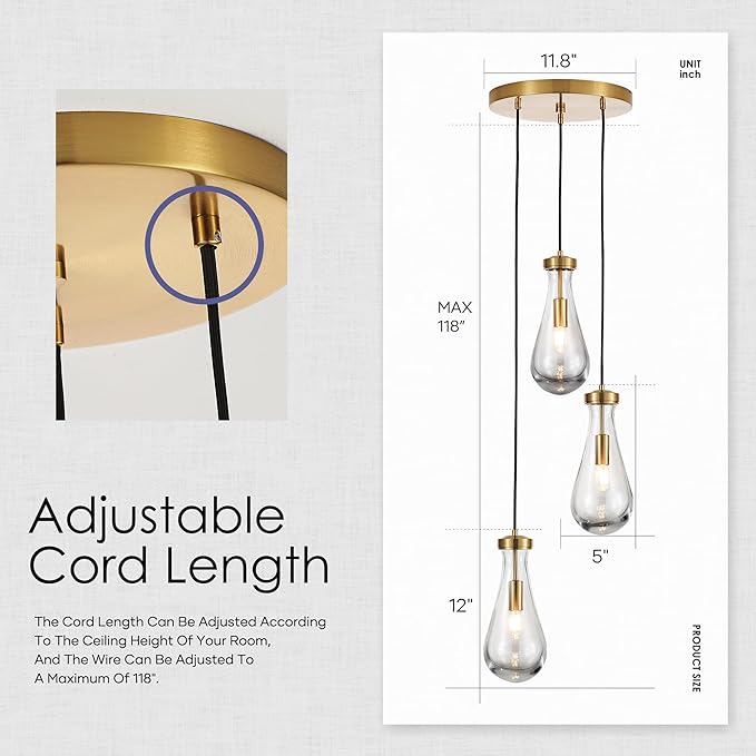 3-Light Raindrop Pendant Light Fixtures, Brass Glass Pendant Lighting, Teardrops Modern Hanging Light for Entryway Foyer Kitchen Island Dining Living Room Hallway-CasaMuseHome