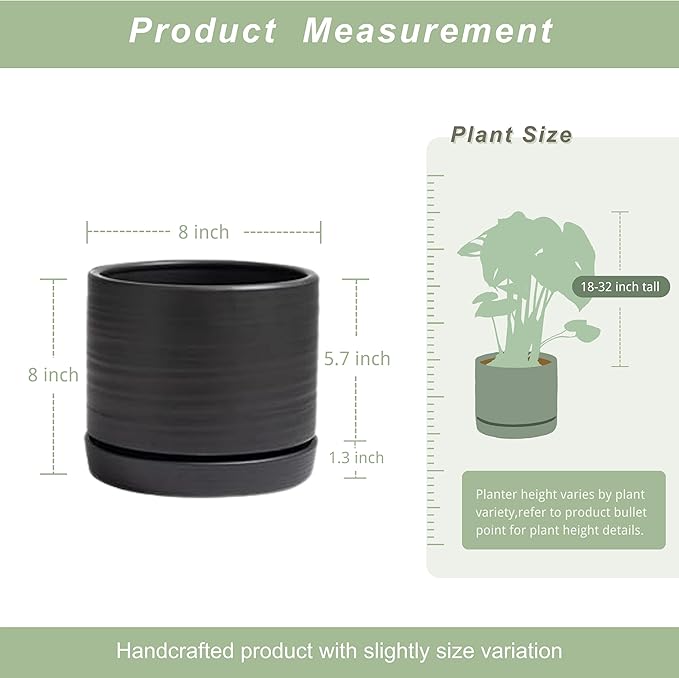 8 Inch Pots for Plants, Ceramic Planter Pot with Drainage Hole & Saucer, Indoor/Outdoor Cylinder Round Planter Pot, Matte Black-CasaMuseHome