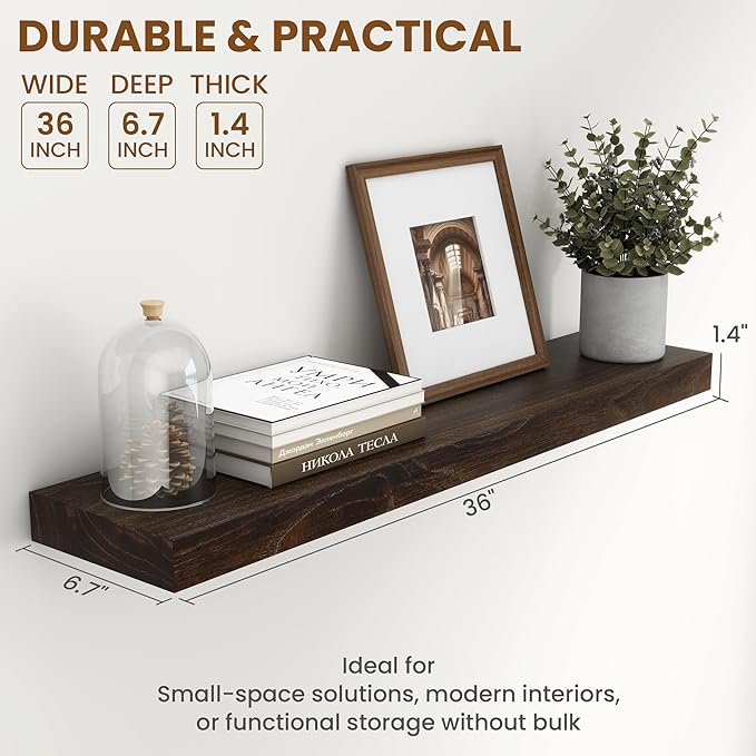 36 Inch Floating Shelves for Wall, Rustic Elm Wood Shelf for Home Decor, Heavy-Duty Wooden Floating Shelves for Kitchen, Wall Mounted Storage Shelves for Bathtoom, Living Room, Walnut Color, Set of 2-CasaMuseHome