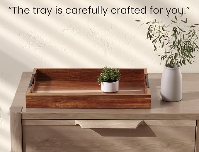 Acacia Wood Serving Tray with Metal Handles,17x12in Ottoman Decorative Trays Platter for Coffee Table,Living Room,Bar,Party(Large)-CasaMuseHome