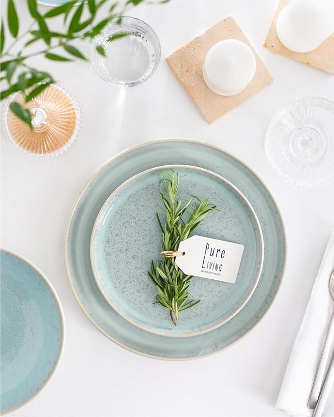 16 Piece Dinnerware Sets for 4 - Modern Style Stoneware Dinnerware Set - Scratch Resistant,Dishwasher,Microwave Safe Plates and Bowls Sets Ceramic,Dish Set, Bowl and Plate Set - Beige and Light Blue…-CasaMuseHome