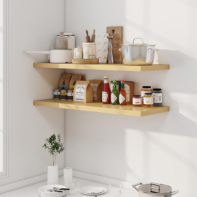 40" Floating Shelves for Wall, 12" Deep Slim Oak Floating Shelves, Wall-Mounted Shelves for Bedroom, Living Room, Kitchen, Bathroom - Set of 2-CasaMuseHome