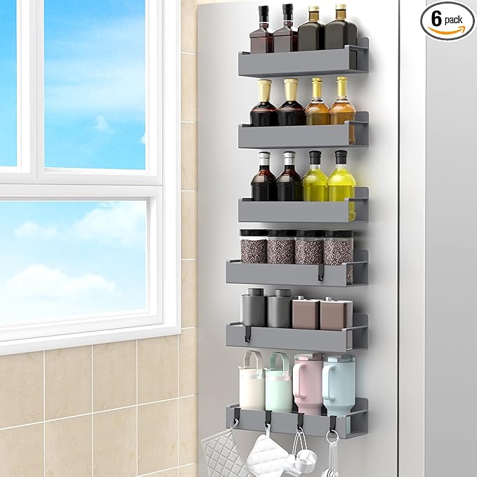 6 Pack Magnetic Spice Rack Organizer for Refrigerator and Oven, Dark Grey Fridge Organizers and Storage for Kitchen-CasaMuseHome