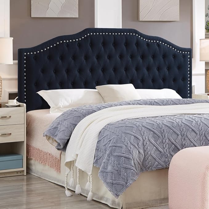 24KF Upholstered Button Tufted King Size Headboard with Nailhead Trim, Elegant Boucle Fabric California King headboard, 6031-K-Boucle-Navy-CasaMuseHome