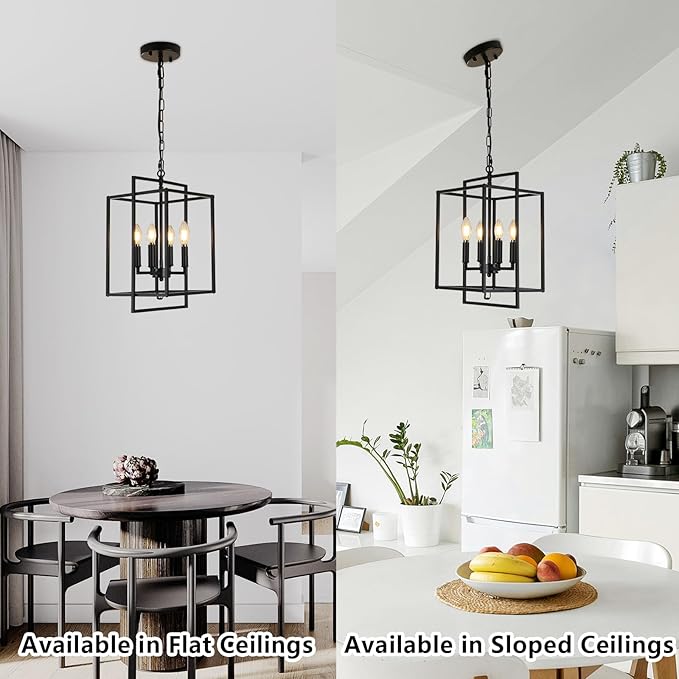 4-Light Vintage Black Chandelier, Foyer Lighting Fixtures Farmhouse Chandeliers for Dining Room, Modern Industrial Lantern Pendant Light for Kitchen Island Entryway Stairway-CasaMuseHome