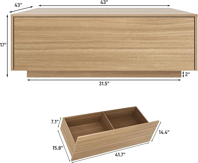 43” Square Coffee Table with Storage, 43" D x 43" W x 17" H Modern Large Square Center Table with 2 Drawers, Wood Coffee Table for Living Room, Light Brown,Bedroom,Light Brown-CasaMuseHome