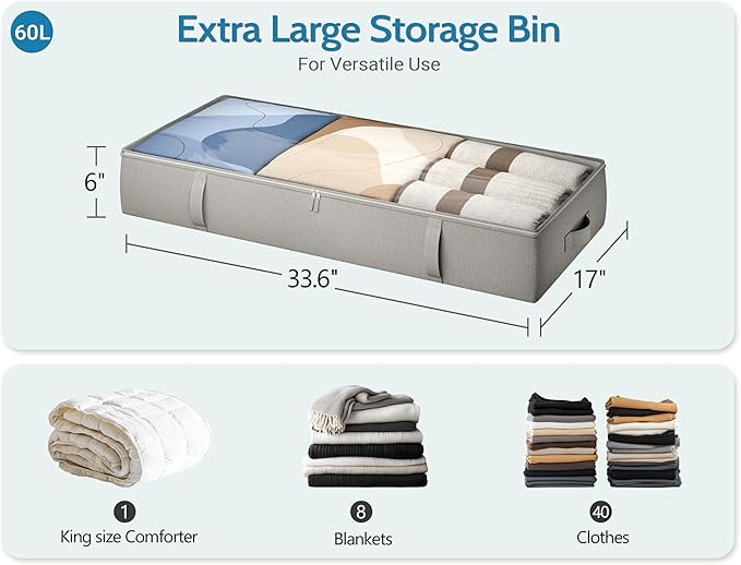 2-Pack Under Bed Storage Containers, 6 Inches Tall Underbed Clothes Storage Organizer Bin with Sturdy Sidewalls/Bottom, Underbed Storage Bins 2 Storage Thin Bins-CasaMuseHome