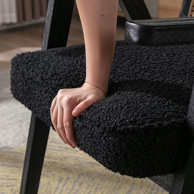 Accent Rattan Chair, Faux Fur Upholstered Living Room Chairs with Cane Back, Retro Mid Century Modern Cane Chair Armchair for Reception Reading Indoor Outdoor, Black-CasaMuseHome