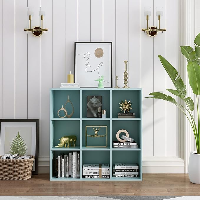 9-Cube Storage Shelf Bookcase - Wooden 3-Tier Floor Standing Open Bookshelf for Home and Office, Display Cabinet, Light Blue-CasaMuseHome