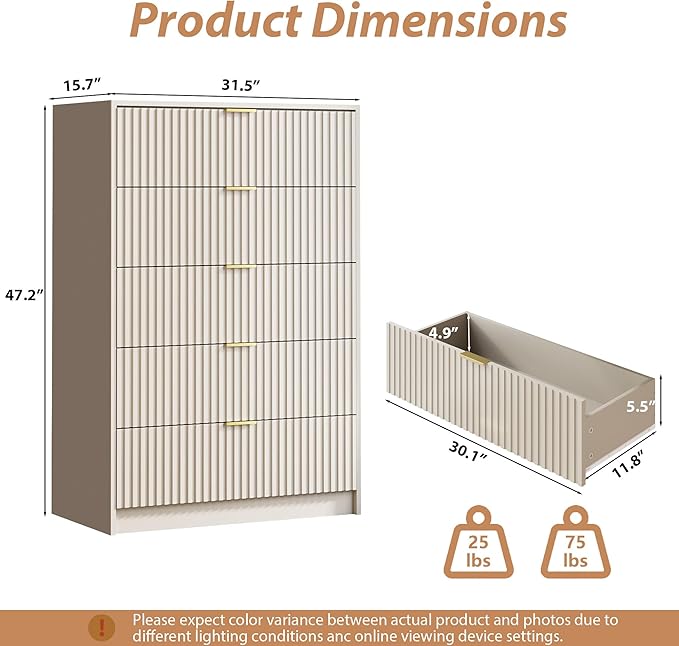 5 Drawer Dresser for Bedroom, Tall Dresser Chest of Drawers with Gold Handles, 32 Inch Wide Nightstand with for Bedroom, Living Rooms, Offices, and Entryways, Beige-CasaMuseHome