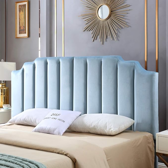 24KF Seaglass Velvet Tufted King Upholstered Headboard, Modern Vertical Channel Design California King Headboard with Stepped Silhouette Top Edge, Seaglass-CasaMuseHome
