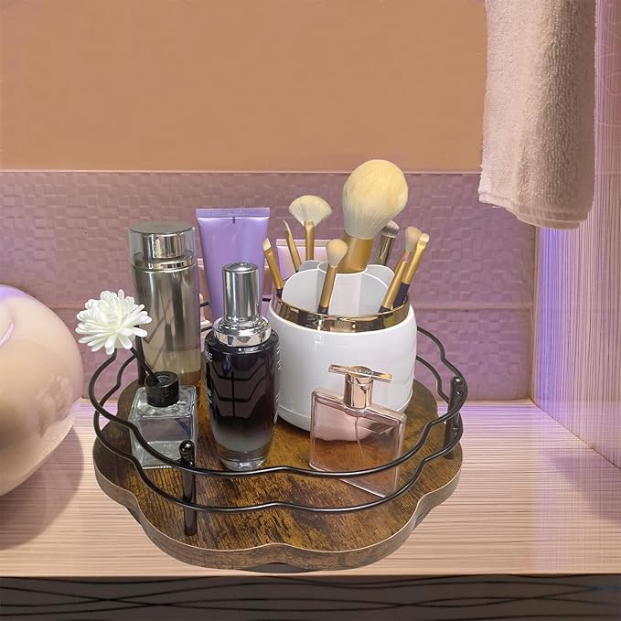 13" Lazy Susan Turntable Organizer with Higher Metal Sides, 360° Rotating Wooden Lazy Susan Organization and Storage for Cabinet,Kitchen,Countertop,Table Top,Dining Table,Coffee Bar Decor-CasaMuseHome