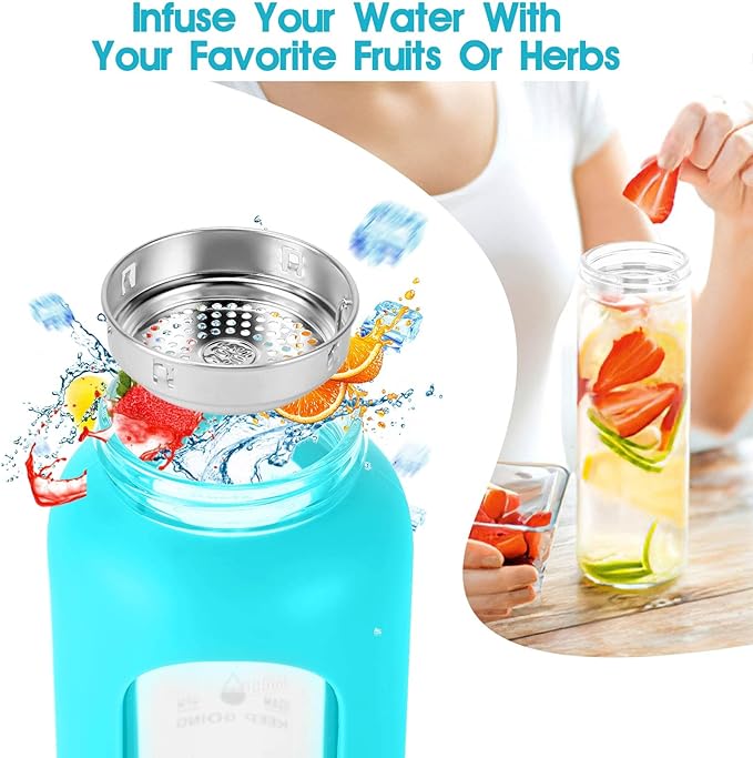 32 oz Glass Water Bottle with Straw - Motivational Time Marker & Silicone Sleeve - Reusable Tumbler Includes 2 Bamboo Lids & Fruit Infuser - 1 Pack-CasaMuseHome