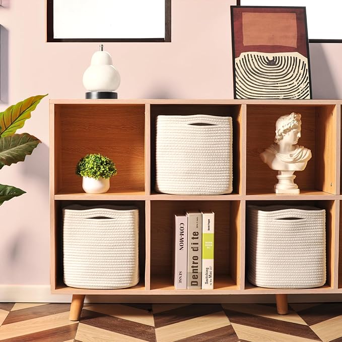 11 Inch Cube Storage Bins, Organizer Bins, Woven Cotton Rope Baskets for Storage, Storage Baskets for Organizing Shelves, White Basket for Toys, Off White (Pack of 3)-CasaMuseHome