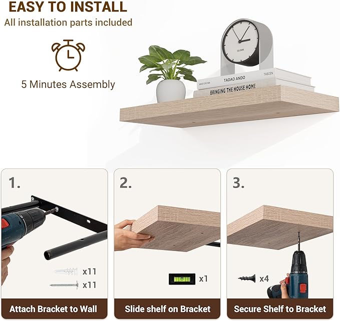 16 Inch Floating Shelves, 3D Textured Wood Grain, 16"x9.25"x1.5" Inch Deep Floating Shelves for Wall, Wooden Shelves for Bathroom, Bedroom, Living Room, Vintage White Oak-CasaMuseHome