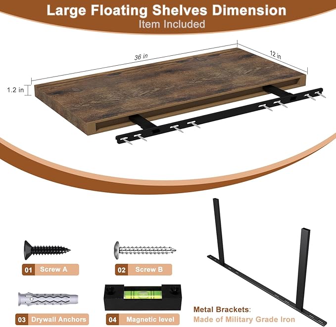 12 Inch Deep Floating Shelves for Wall 1 Pack Floating Shelves Large Storage Space Wall Mount Shelf for Living Room Kitchen Bathroom 36" W x 12" D x 1.2" H Rustic Brown-CasaMuseHome