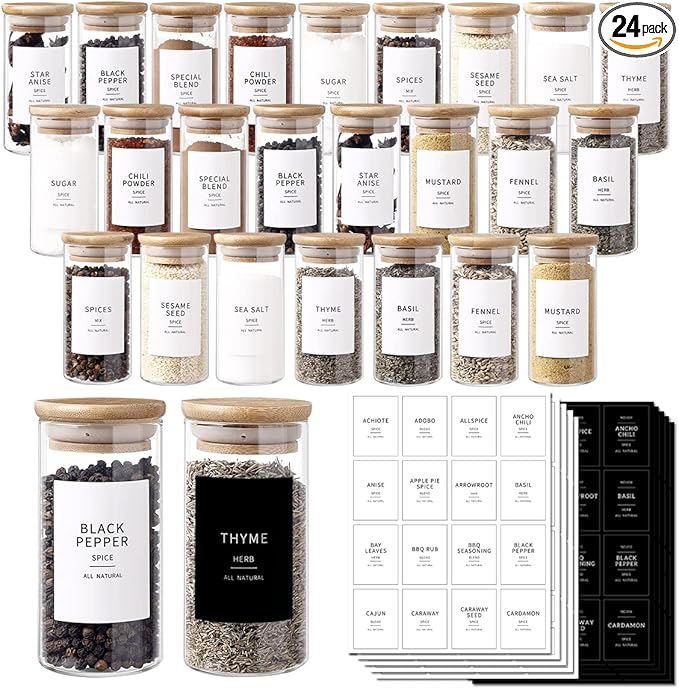 24 Pcs Glass Jars With 296 Spice Labels Preprinted of White and Black Color- 4oz Thicken(2.4mm) Empty Small Herb Seasoning Containers With Bamboo Airtight Lids-CasaMuseHome