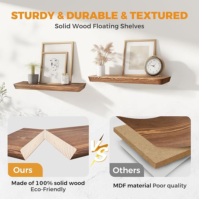 24"x6.8"x1.6" Slanted Floating Wall Shelves 2-Pack - Rustic Brown Finish, Heavy-Duty Solid Wood Design with Hidden Brackets - Perfect for Living Room, Kitchen, Bathroom, or Office-CasaMuseHome