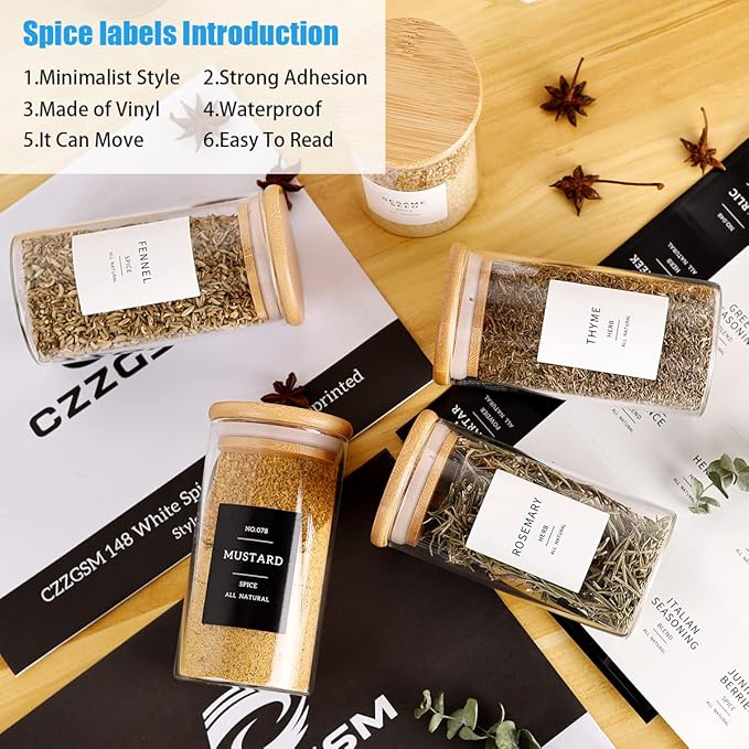 12 Pcs Glass Spice Jars With 296 Spice Labels Preprinted of White and Black Color- 10oz Thicken(2.4mm) Spice Containers With Bamboo Airtight Lids - Empty Small Herb Seasoning Jars-CasaMuseHome
