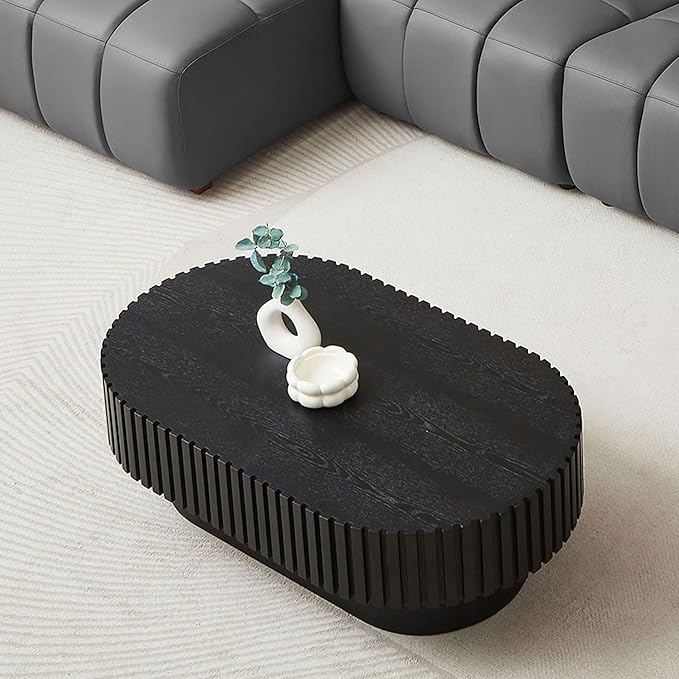 43.7" Oval Coffee Table for Living Room,Modern Handcraft Drum Coffee TableSmall Wooden Coffee Table with Sturdy Pedestal Easy Assembly for Office-Black-CasaMuseHome