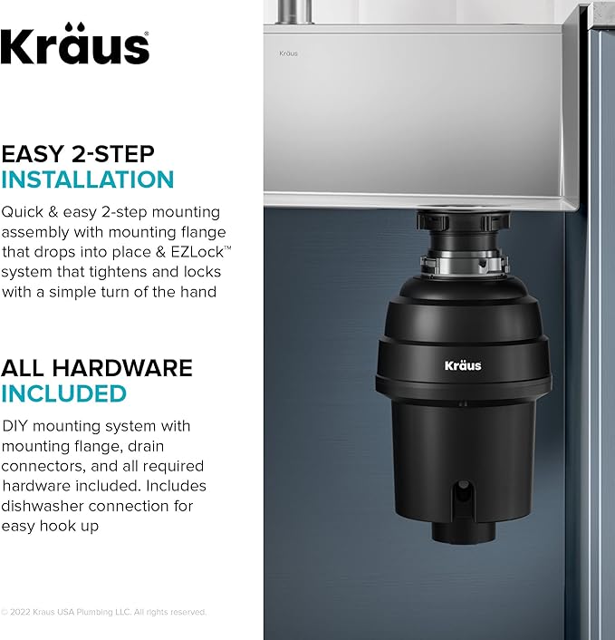 KRAUS WasteGuard 1 HP Ultra-Quiet Garbage Disposal with Quick Connect, Kitchen Sink Drain Cover, Power Cord and Flange Included, KWD100-100MBL