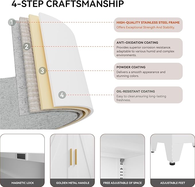 71 "Farmhouse Metal Filing Cabinet with a Drawer and 4 Adjustable Shelves, with 4 Large barn Door White Kitchen Cabinets, Metal Food Cabinets for Home, Kitchen, Dining/Living Room (White)-CasaMuseHome