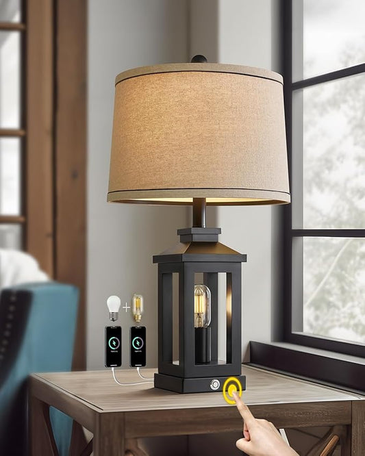 23.75" Retro Farmhouse Black Table Lamp for Living Room Bedroom Nightstand Single Pack Touch Control Bedside Nightlight Vintage Modern Lamp with USB C+A Ports and 2 Light Sources-CasaMuseHome