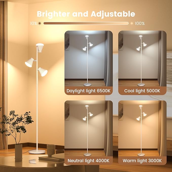 36W LED Tree Floor Lamp, Dimmable Tall Standing Lamp with Remote & Touch Control, 4 Color Temperatures Bright Floor Lamp, 3 Rotatable Light Modern Floor Lamps (White)-CasaMuseHome