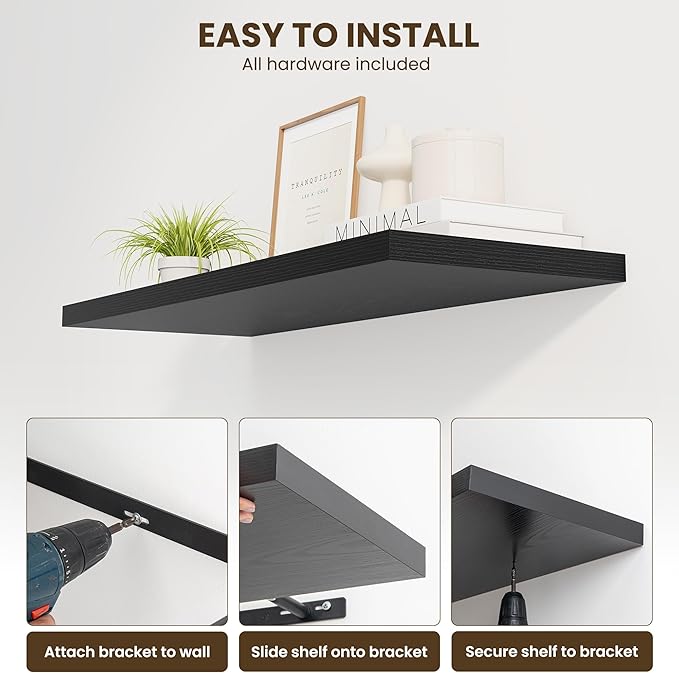 30" Floating Shelves for Wall, 12" Deep Slim Black Floating Shelves, Wall-Mounted Shelves for Bedroom, Living Room, Kitchen, Bathroom - Set of 2-CasaMuseHome