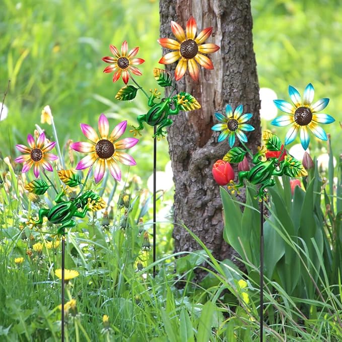 3 Pack Frog＆Flowers Garden Stakes Decor,Metal Yard Art Decorative Garden Stakes,Metal Flowers Spring Outdoor Decor for Mom,Women,Grandma-CasaMuseHome