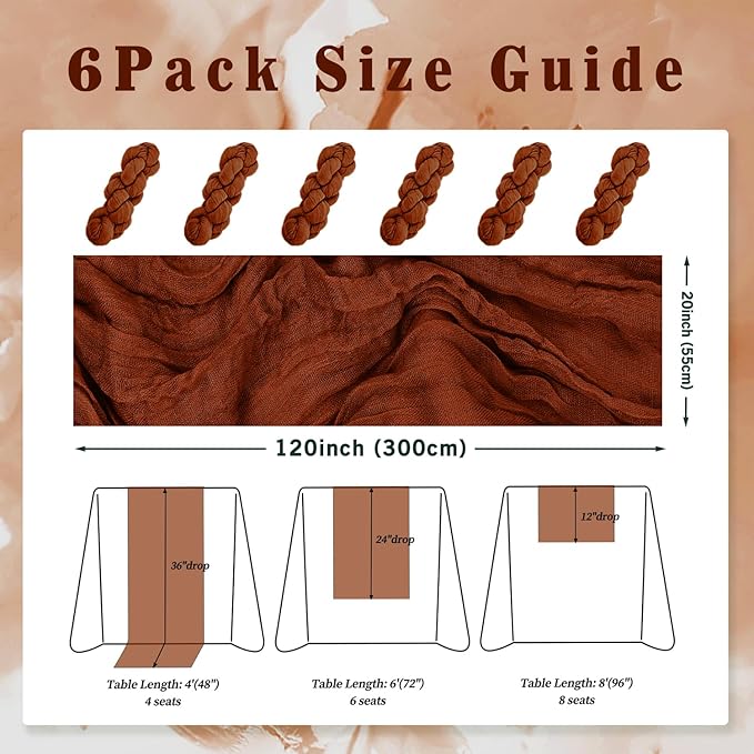 6 Pack Terracotta Cheesecloth Table Runner 10FT Boho Rustic Cheese Cloth Table Runner for Wedding 20 x 120 Inch Long Bridal Shower Baby Shower Gauze Fabric Sheer Birthday Party Table Decorations-CasaMuseHome