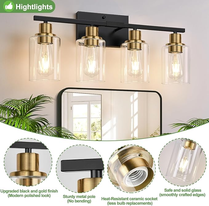 4-Light Bathroom Light Fixtures, Black and Gold Modern Vanity Lights with Clear Glass Shades, Bathroom Wall Lamp for Mirror Living Room Cabinet Bedroom Porch-CasaMuseHome