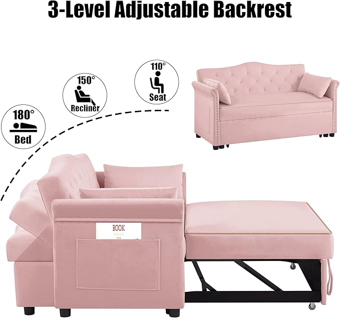57" Velvet Pull-Out Sofa Bed, 3-in-1 Convertible Loveseat with Gold Trim Strips and Adjustable Backrest, Perfect for Living Rooms, Offices and Apartments (Pink)-CasaMuseHome