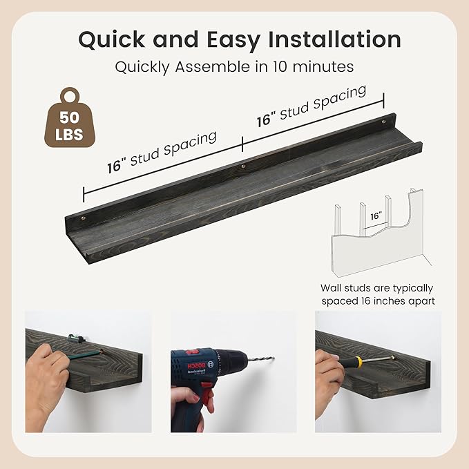 36 Inches Floating Shelves for Wall, Solid Pine Wood Picture Ledge Shelves, Wall Shelves with Lips, Nursery Book Shelves for Toys Storage Living Room Bedroom Photo Frames (2 Pcs, Grey)-CasaMuseHome