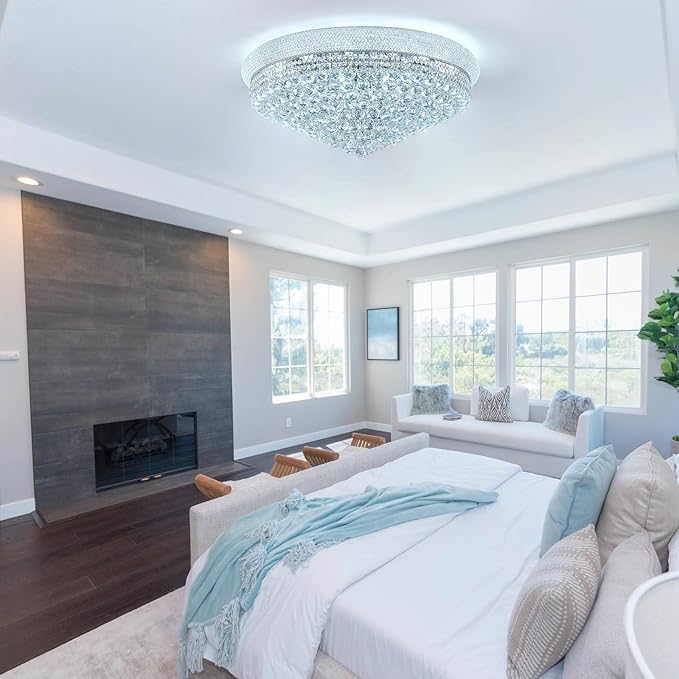 18-Light 32 inch Large Crystal Chandelier Flush Mount Ceiling Light Fixture for Living Room Dining Room Bedroom Foyer Entryway Chrome Finish-CasaMuseHome