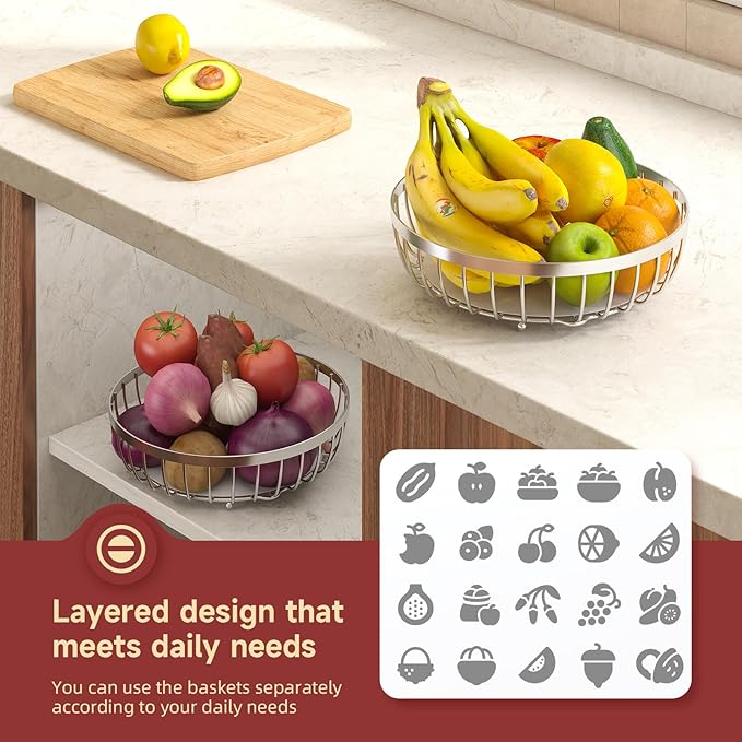 2 Tier Fruit Basket for Kitchen Counter with 2 Banana Hangers, Metal Stackable Fruit Bowl for Kitchen Counter for Bread Vegetable Fruits, Silvery-CasaMuseHome