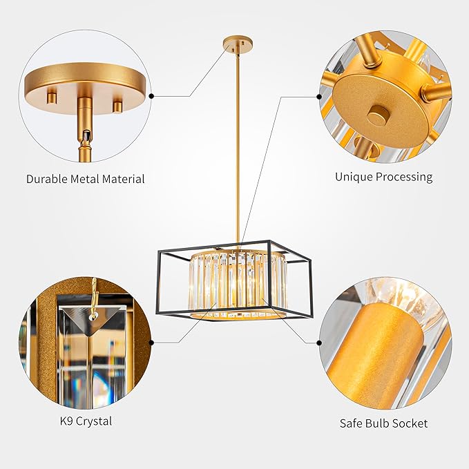 5-Lights K9 Crystal Chandelier, Modern Style Pendant Light Fixture for Dining Room, Bedroom & Living Room, Gold & Black Finish, L16.5 * W16.5 * H12~48 inch (Adjustable Height)-CasaMuseHome