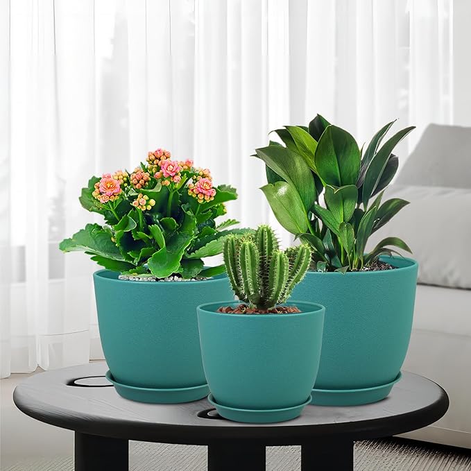 9/8/7.5 inch Flower Pots, 3 Pack Modern Plastic Planters with Drainage Holes and Trays for House Plants, Plant Pots for Indoor Outdoor Plants, Blue Green-CasaMuseHome